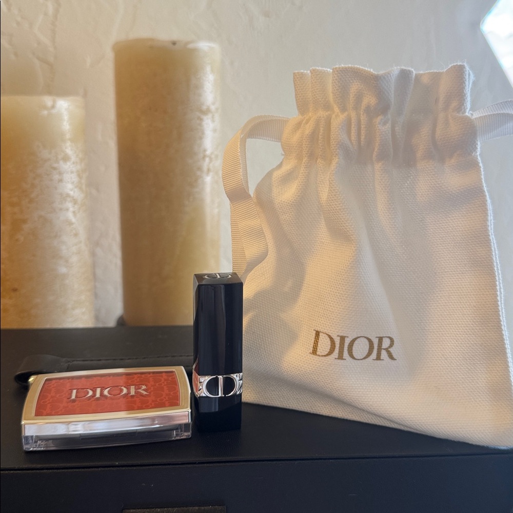 Dior Red & Black Lipstick and Compact blush with pouch.